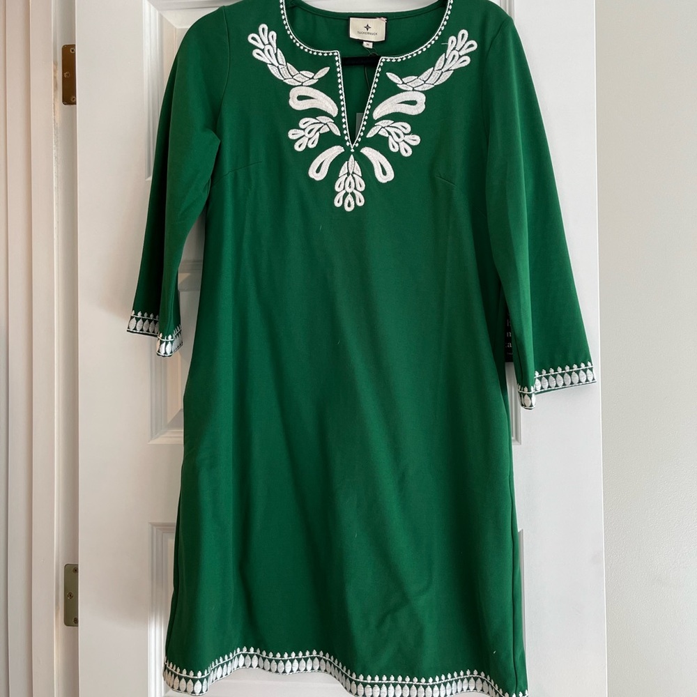 Tuckernuck Green Long Sleeve Dress with White Embroidery